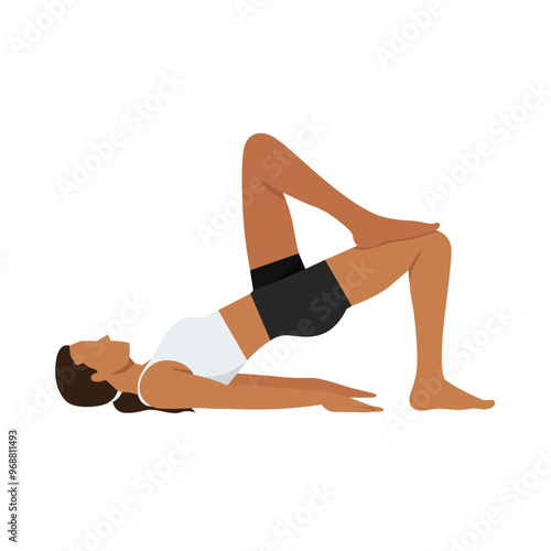 Young woman doing Bridge Pose Foot On Knee or Setubandha Sarvangasana Foot On Knee. Flat vector illustration isolated on white background