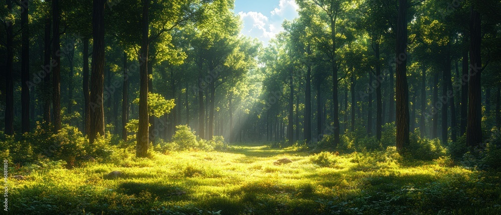 Obraz premium Sunlight Filtering Through a Dense Forest Canopy