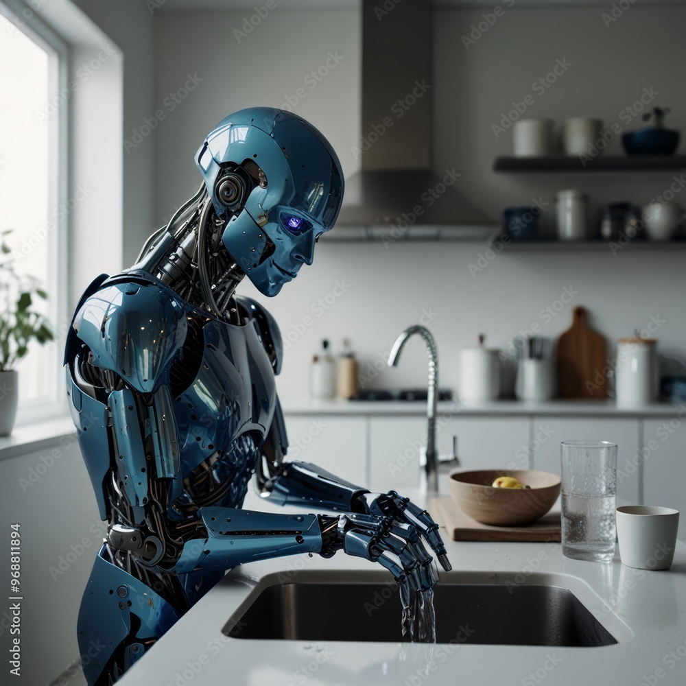 Android with a translucent blue face performing household chores Android with a translucent blue face performing household chores