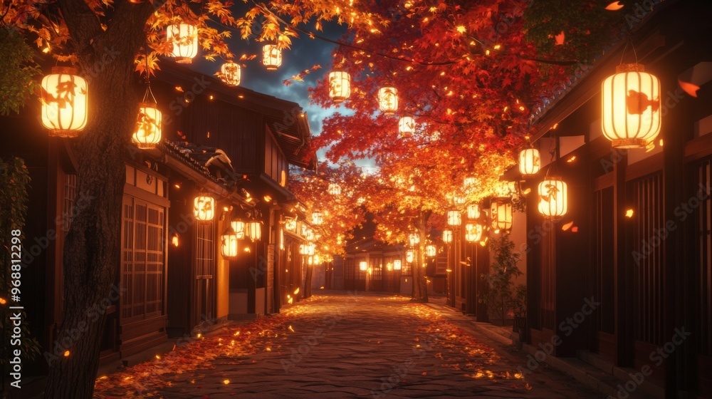 Japanese Street Lit by Lanterns Underneath a Canopy of Autumn Leaves Japanese Street Lit by Lanterns Underneath a Canopy of Autumn Leaves