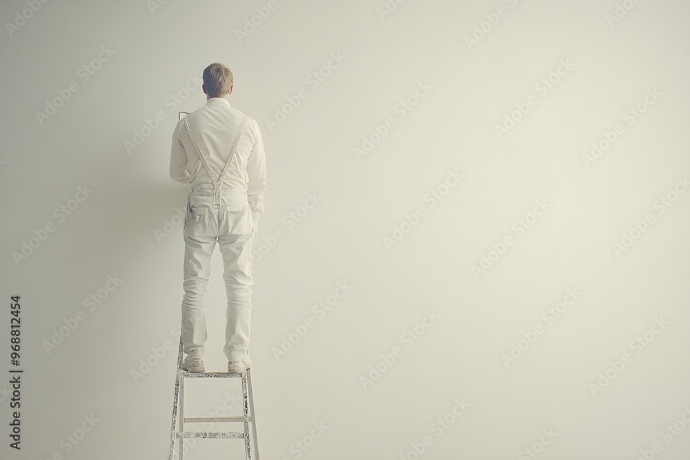 Painter standing on ladder painting wall with roller, gray background with copy space Painter standing on ladder painting wall with roller, gray background with copy space