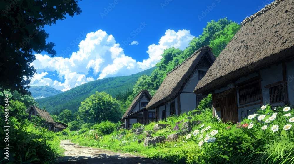 Serene Hilltop Village, a tranquil Japanese village with traditional thatched-roof homes surrounded by lush greenery, embodying peace and simplicity in a picturesque landscape Serene Hilltop Village, a tranquil Japanese village with traditional thatched-roof homes surrounded by lush greenery, embodying peace and simplicity in a picturesque landscape
