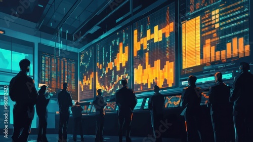 Silhouetted Figures Analyzing Data on Large Screens in a Futuristic Control Room photo