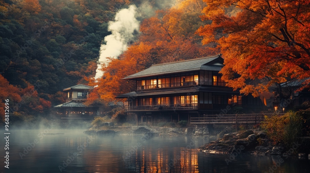 Fototapeta premium Traditional Japanese House on Misty River with Autumn Foliage