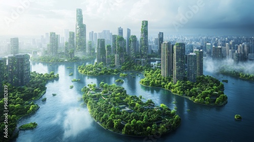 AI-Driven Smart Cities with Green Infrastructure: A city integrating sustainable technologies powered by AI to manage resources like water and energy. #968812839