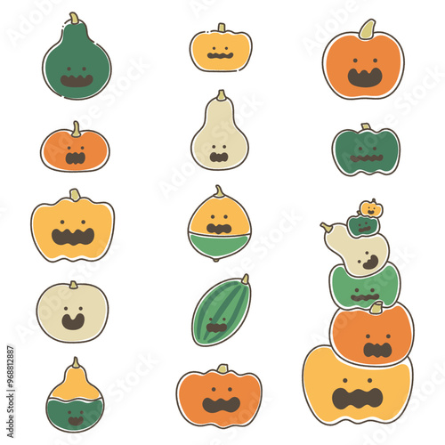 ハロウィンのかぼちゃ（ジャック・オ・ランタン）達のゆるいイラスト(セット)
