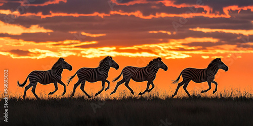 Group of zebras running in the field during sunset.	