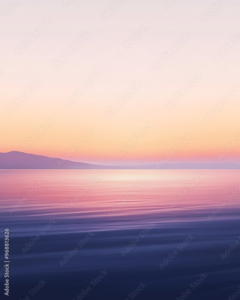 Peaceful Sunset over Calm Water with Mountains in the Distance Peaceful Sunset over Calm Water with Mountains in the Distance