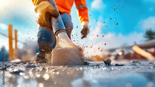 Worker performing slump test on fresh concrete outdoors