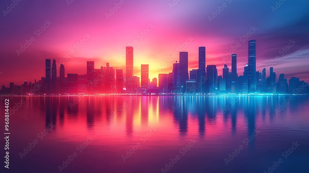 Cityscape Reflections in a Neon Sunset Cityscape Reflections in a Neon Sunset