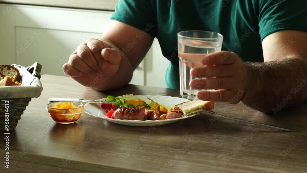 Man eats english breakfast at home and drinks water Man eats english breakfast at home and drinks water