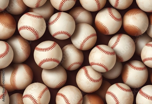 A baseball with red stitching and white stripes and with backgrounds