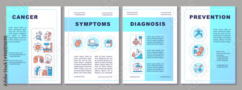 Cancer blue gradient brochure template. Symptoms and treatment. Leaflet design with linear icons. Editable 4 vector layouts for presentation, annual reports. Arial-Black, Myriad Pro-Regular fonts used