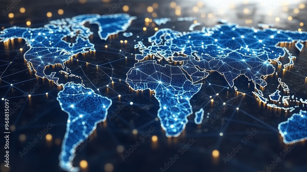 A stunning digital map representation showcasing global connectivity with bright lines and nodes highlighting major cities. A stunning digital map representation showcasing global connectivity with bright lines and nodes highlighting major cities.