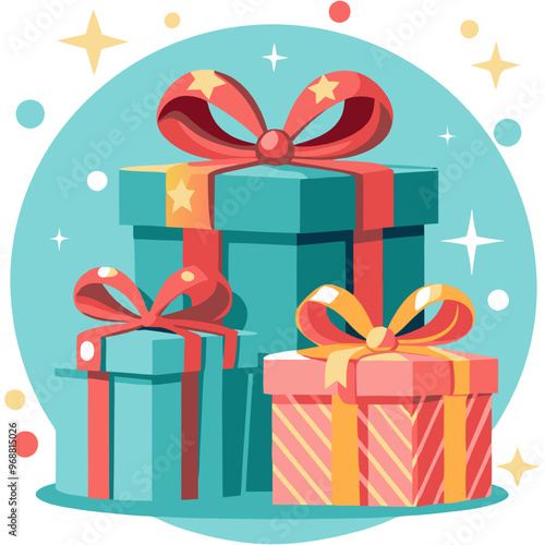 Gift Stack:  Three presents wrapped in various colors and patterns, adorned with bows and sparkling stars. A festive illustration perfect for celebrating special occasions, gift-giving, and joyful mom