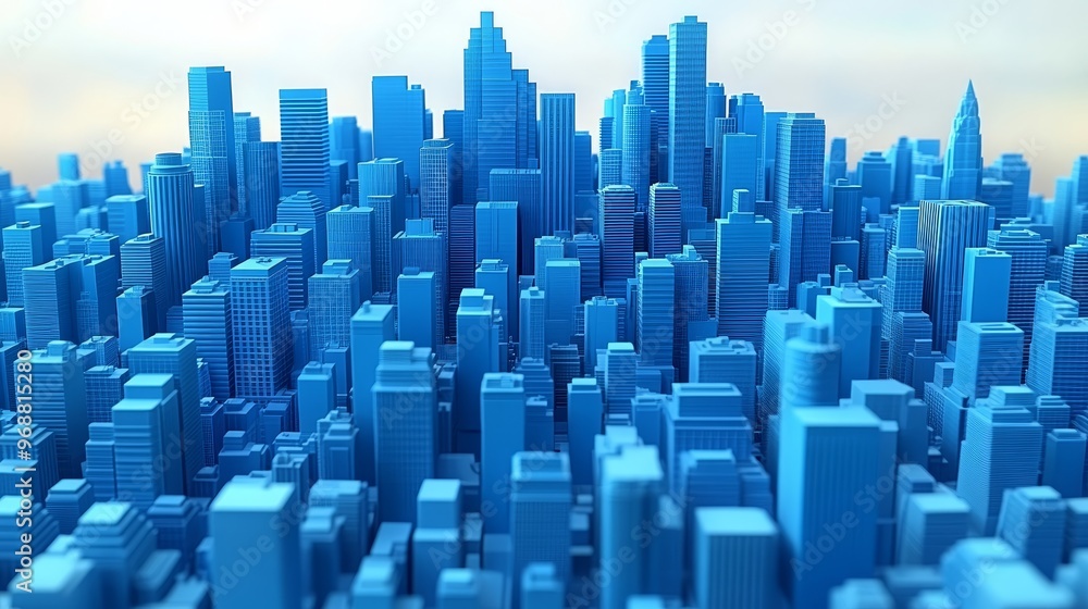 Fototapeta premium A vibrant 3D representation of a modern urban skyline with blue skyscrapers, showcasing architectural diversity and depth.