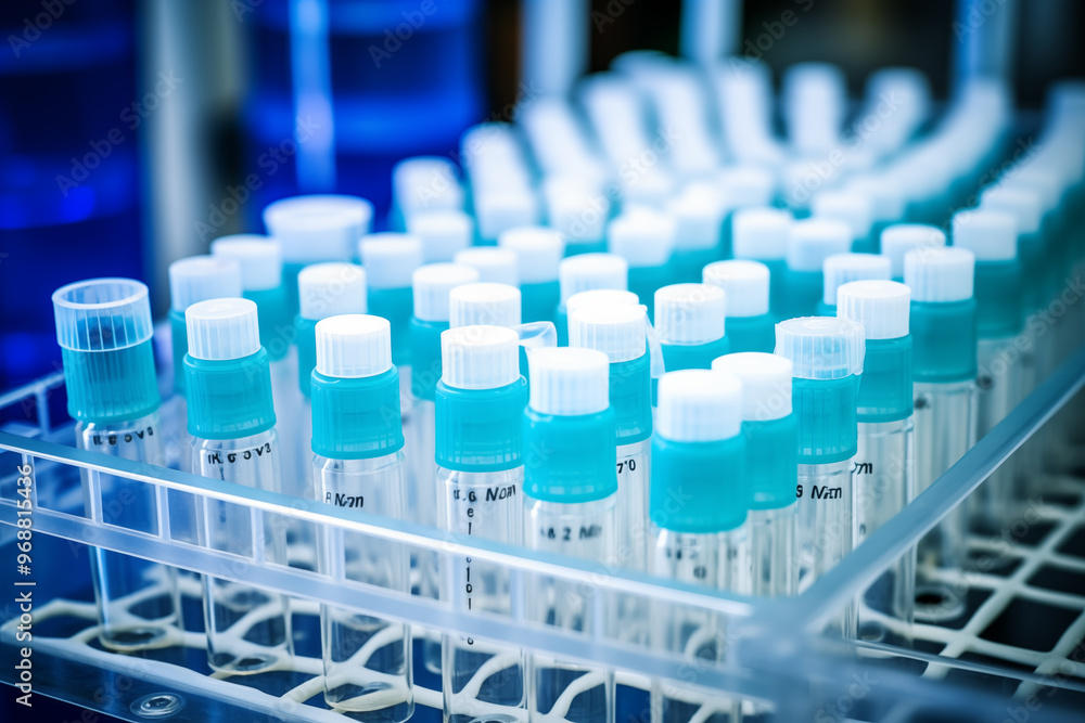Blue liquid in vials with white caps medical sample attached rack lab equipment close up shot photography Blue liquid in vials with white caps medical sample attached rack lab equipment close up shot photography