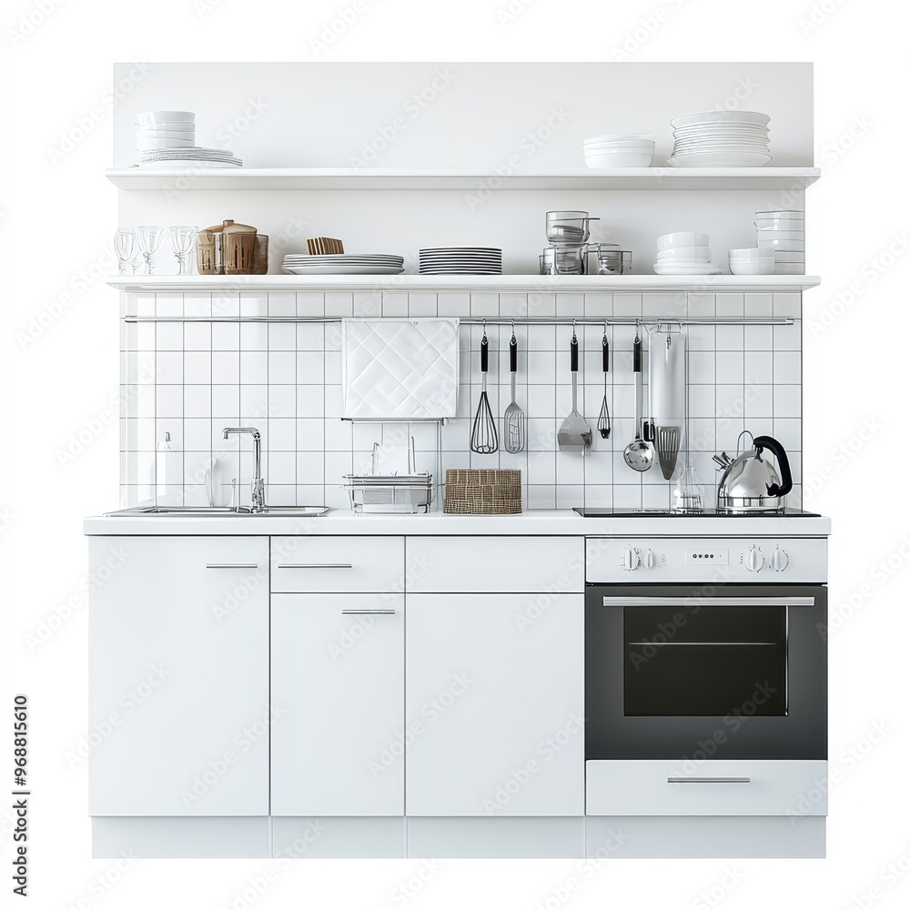Modern kitchen setup with white cabinets, shelves, and essential cooking utensils. Modern kitchen setup with white cabinets, shelves, and essential cooking utensils.