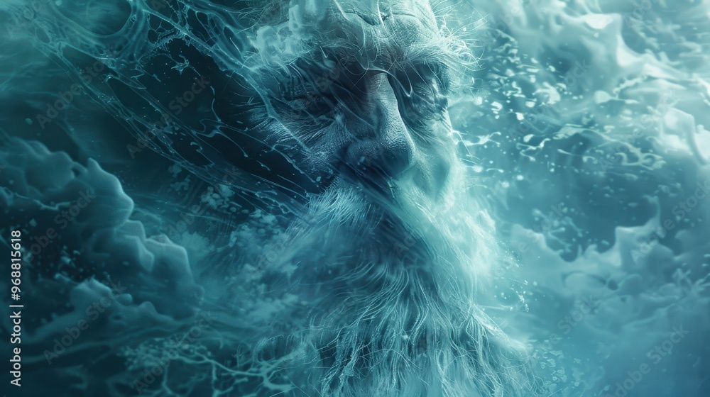 Figure with a beard and long hair, seemingly made of or intertwined with water. The figure's expression is stern and contemplative Figure with a beard and long hair, seemingly made of or intertwined with water. The figure's expression is stern and contemplative