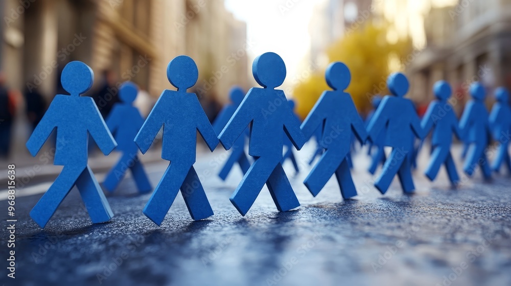 A vibrant scene featuring blue figures holding hands, symbolizing unity and connection in a bustling urban environment. A vibrant scene featuring blue figures holding hands, symbolizing unity and connection in a bustling urban environment.