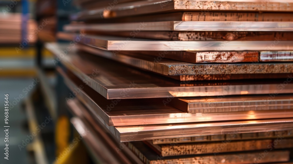 Fototapeta premium Stack of copper sheets, characterized by their shiny, metallic surface and the visible grain of the material