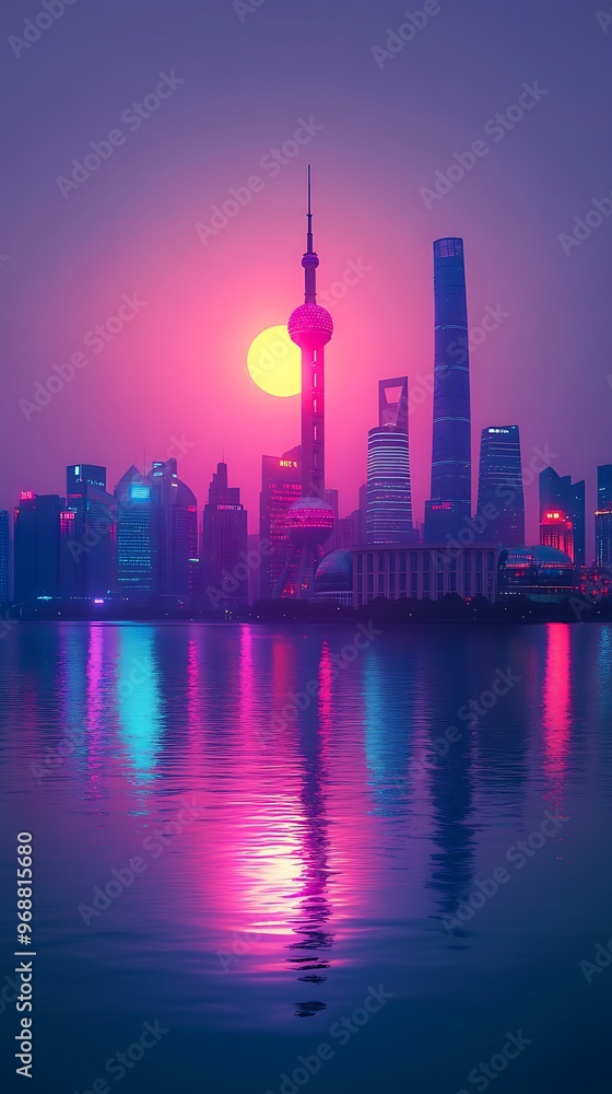 Cityscape with Skyscrapers and a Tower Reflected in the Water at Sunset Cityscape with Skyscrapers and a Tower Reflected in the Water at Sunset