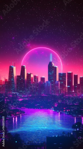 Neon Cityscape with a Giant Pink Moon in the Night Sky