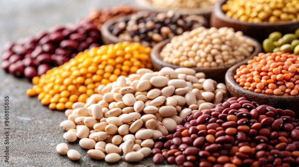 A variety of beans and other legumes are spread out on a table. The beans are of different colors and sizes, creating a visually appealing and diverse display. Concept of abundance and variety A variety of beans and other legumes are spread out on a table. The beans are of different colors and sizes, creating a visually appealing and diverse display. Concept of abundance and variety