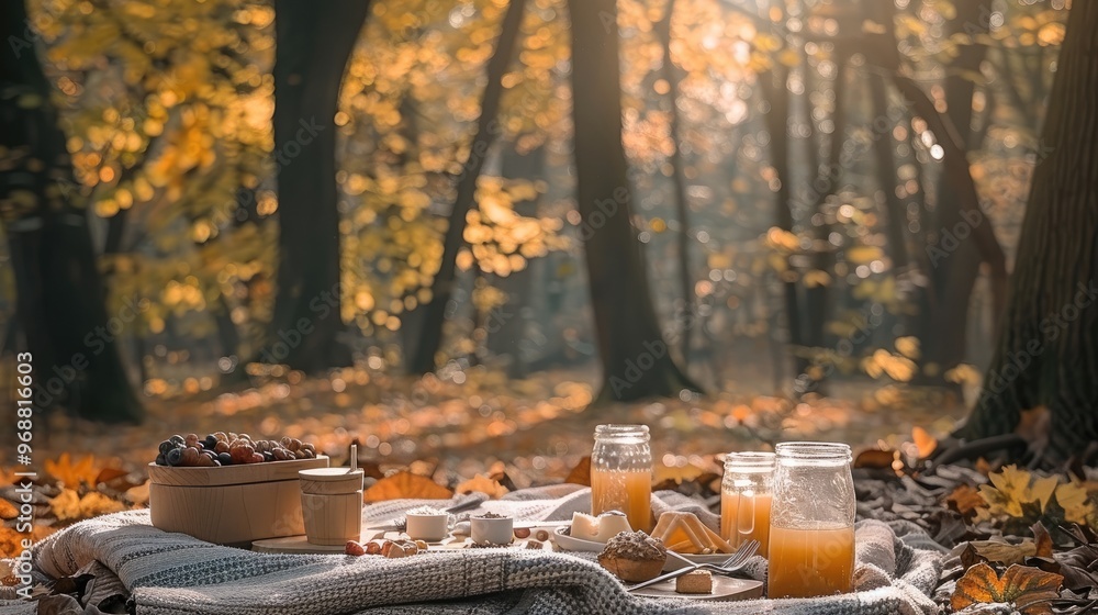 A sustainable autumn picnic in the woods, a blanket spread on the ground, with eco-friendly reusable containers, wooden utensils, and locally-sourced food. Generative AI. A sustainable autumn picnic in the woods, a blanket spread on the ground, with eco-friendly reusable containers, wooden utensils, and locally-sourced food. Generative AI.