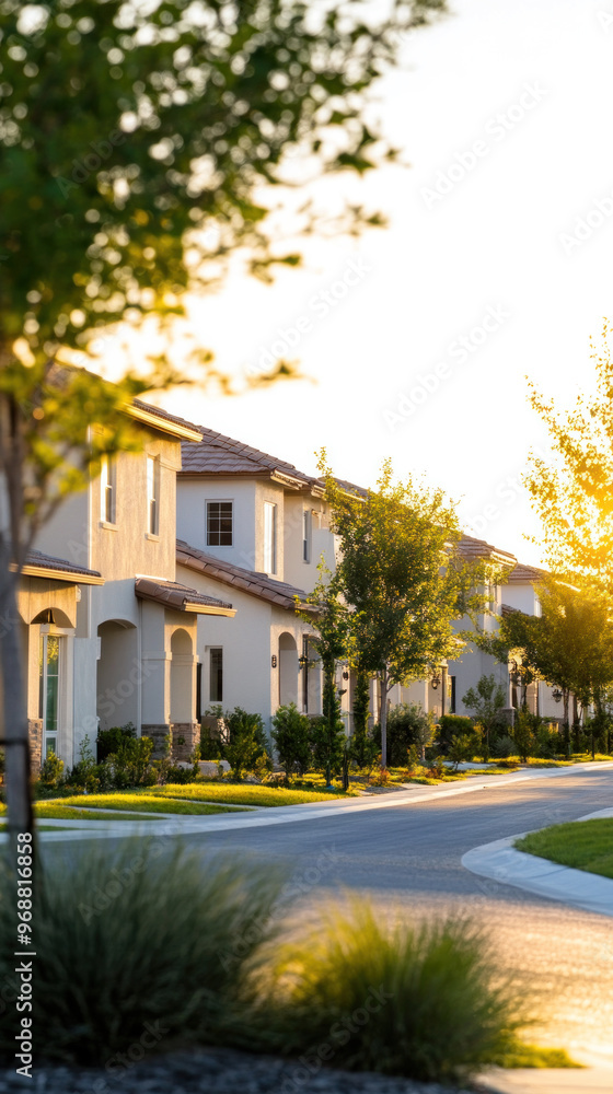 A row of houses with a street in between. The houses are all white and have red roofs. The street is lined with trees and bushes A row of houses with a street in between. The houses are all white and have red roofs. The street is lined with trees and bushes