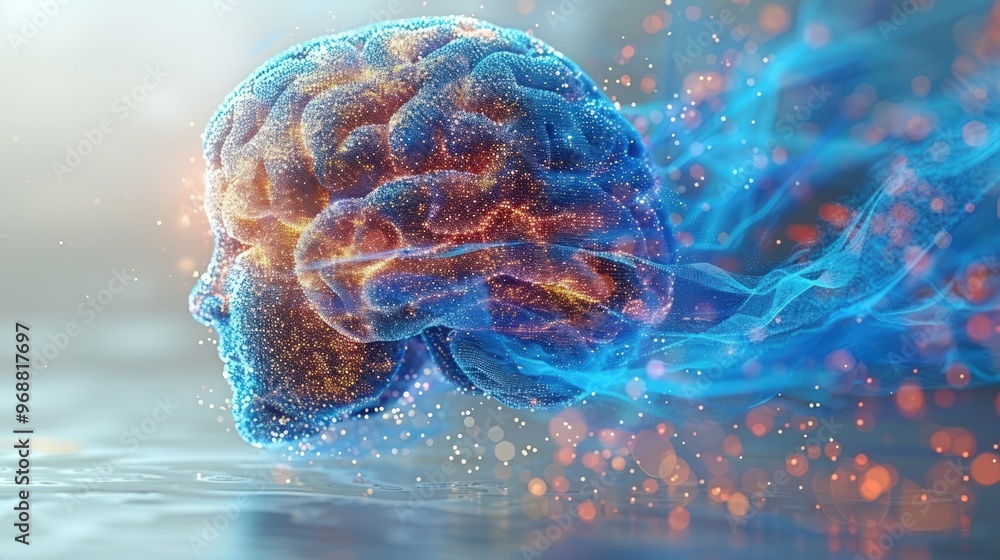 A 3D rendering of a human brain with glowing particles and blue smoke emanating from it. A 3D rendering of a human brain with glowing particles and blue smoke emanating from it.