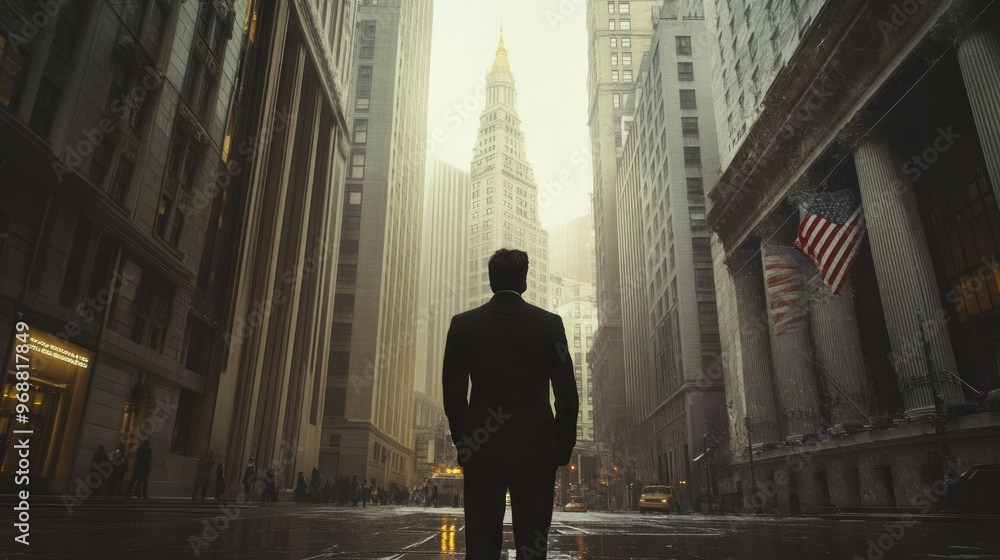 A lone man in a suit stands on a rainy city street with a tall building in the distance. A lone man in a suit stands on a rainy city street with a tall building in the distance.