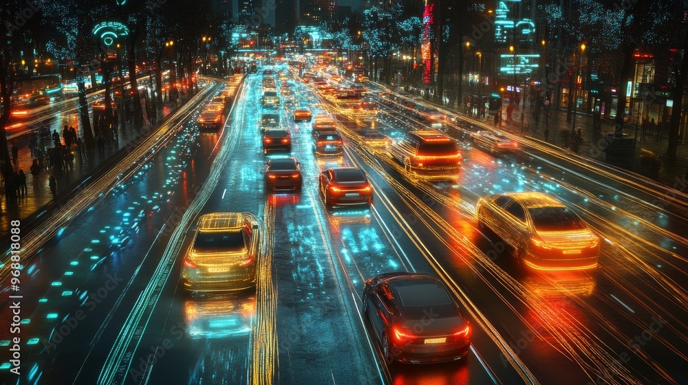 AI-powered real-time traffic management systems reducing congestion: Futuristic traffic systems adjusting flow in real-time using AI algorithms.