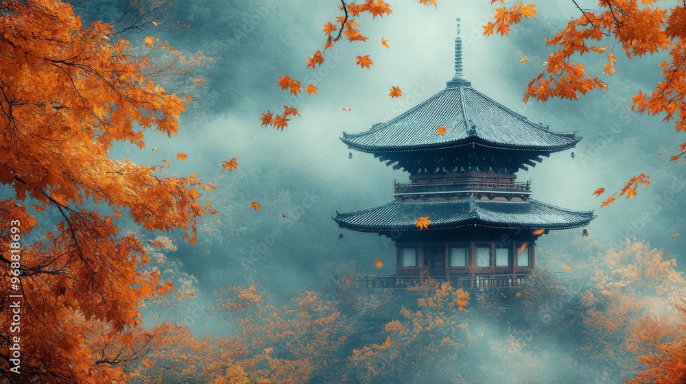 Obraz premium Autumnal Pagoda Amidst Fog and Falling Leaves