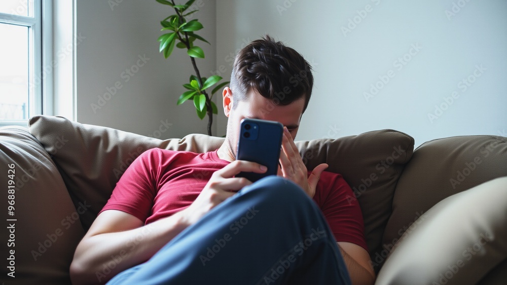 Fototapeta premium Smartphone Leisure - Man Relaxing on Couch, A man comfortably seated on a couch, absorbed in his smartphone. He appears to be engaged in a conversation or browsing online content.