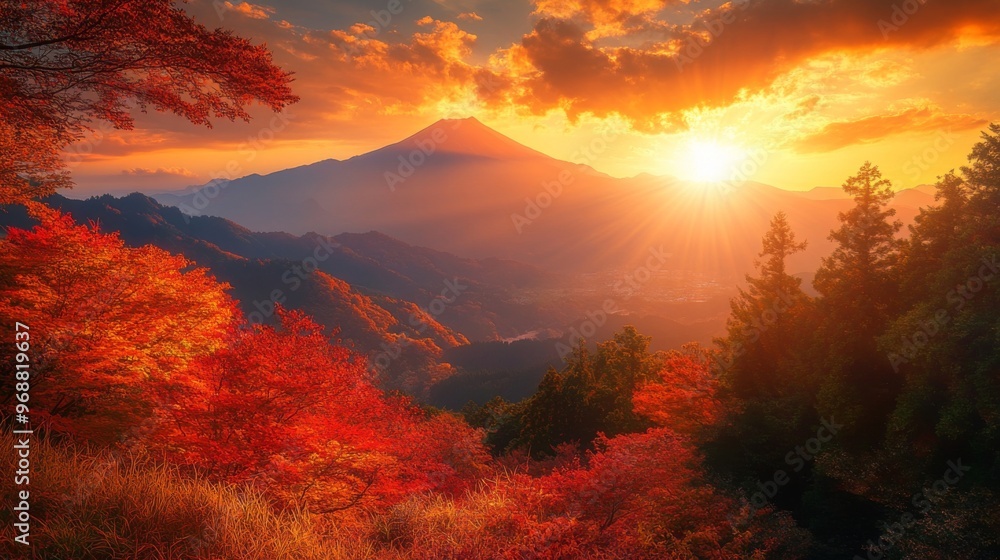 Naklejka premium Majestic Mount Fuji at Sunset with Vibrant Autumn Foliage
