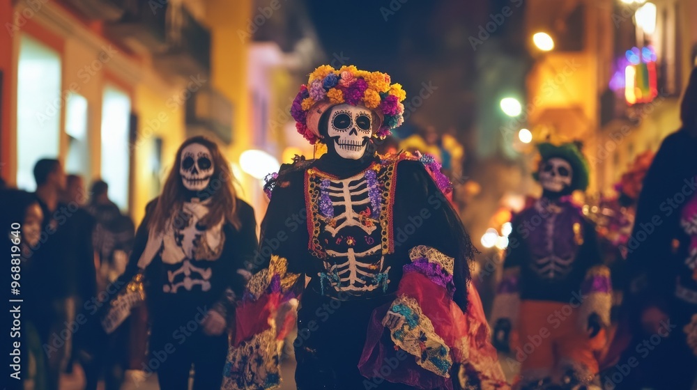 Fototapeta premium A vibrant procession featuring people in skeleton costumes celebrating a cultural festival.