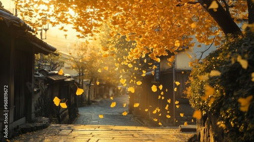 Golden Leaves Falling in a Japanese Alleyway photo