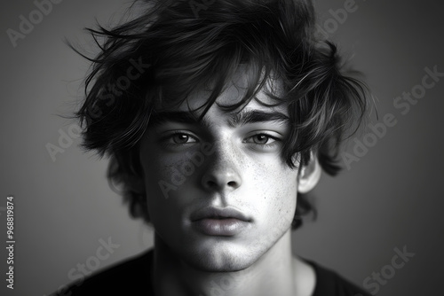 AI generated illustration of a grayscale portrait of a young man with messy hair