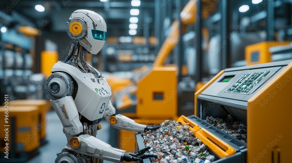 AI-powered recycling centers sorting waste and turning it into new products: Robots sorting and recycling trash in a high-tech waste processing facility. AI-powered recycling centers sorting waste and turning it into new products: Robots sorting and recycling trash in a high-tech waste processing facility.