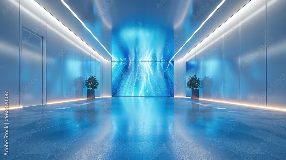 The entrance of a corporate exhibition hall featuring a clean LED ...
