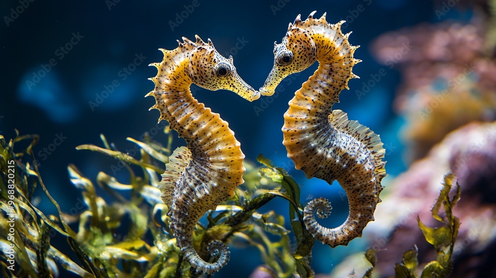 Two seahorses face each other, their snouts almost touching, amidst green seaweed in a blue-hued aquarium. Two seahorses face each other, their snouts almost touching, amidst green seaweed in a blue-hued aquarium.