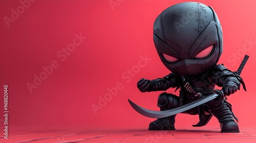 Chibi Assassin Crouching on Rooftop with Curved Blade on Colorful Background photo