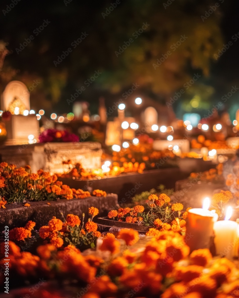 A vibrant cemetery scene illuminated by candles and marigold flowers during a nighttime celebration. A vibrant cemetery scene illuminated by candles and marigold flowers during a nighttime celebration.