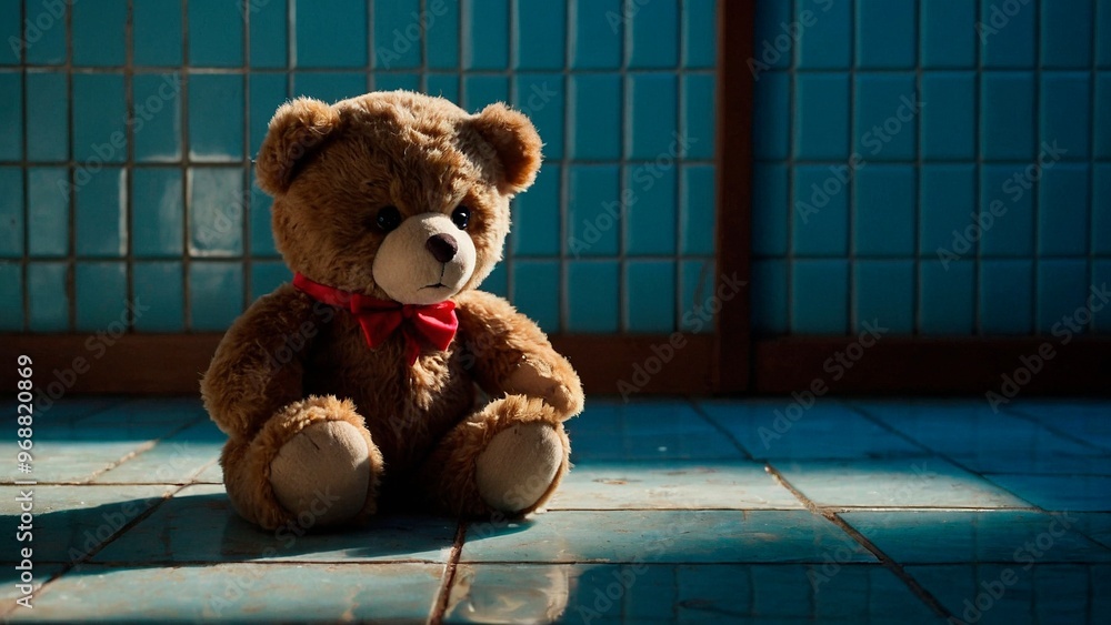 Cute sad plush stuffed teddy bear sitting alone on the floor in the ...