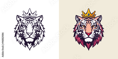 Tiger with crown mascot logo design. Editable vector logo tiger, tiger icon, tiger head, vector, sticker. Tigar head mascot logo design.