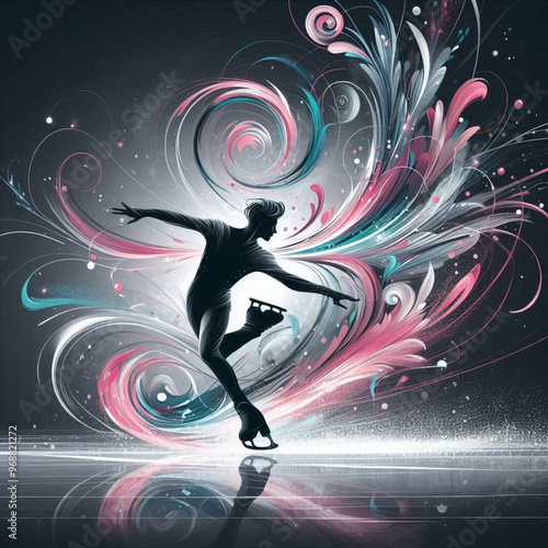 Dynamic figure skaters with swirling abstract colors and artistic effects