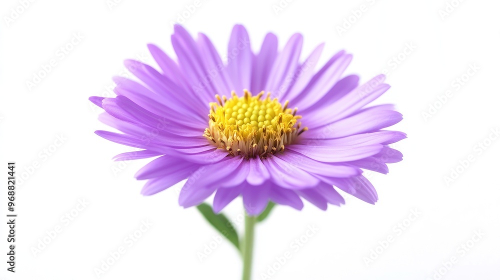A close-up of a delicate purple flower with yellow center against a white background. A close-up of a delicate purple flower with yellow center against a white background.