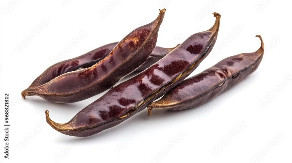 A group of dried, reddish-brown pods showcasing their elongated shape. A group of dried, reddish-brown pods showcasing their elongated shape.
