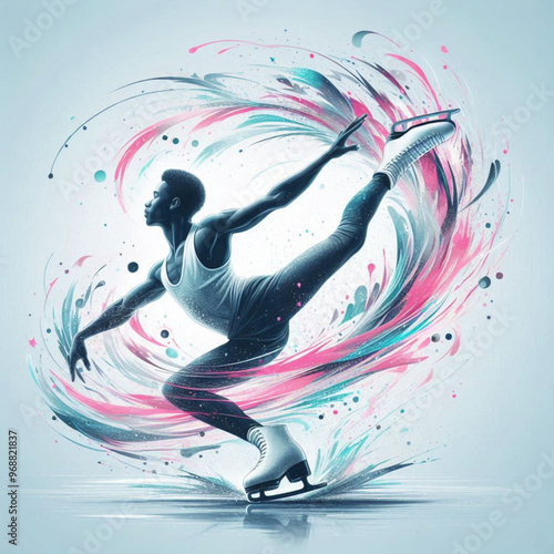 Dynamic figure skaters with swirling abstract colors and artistic effects